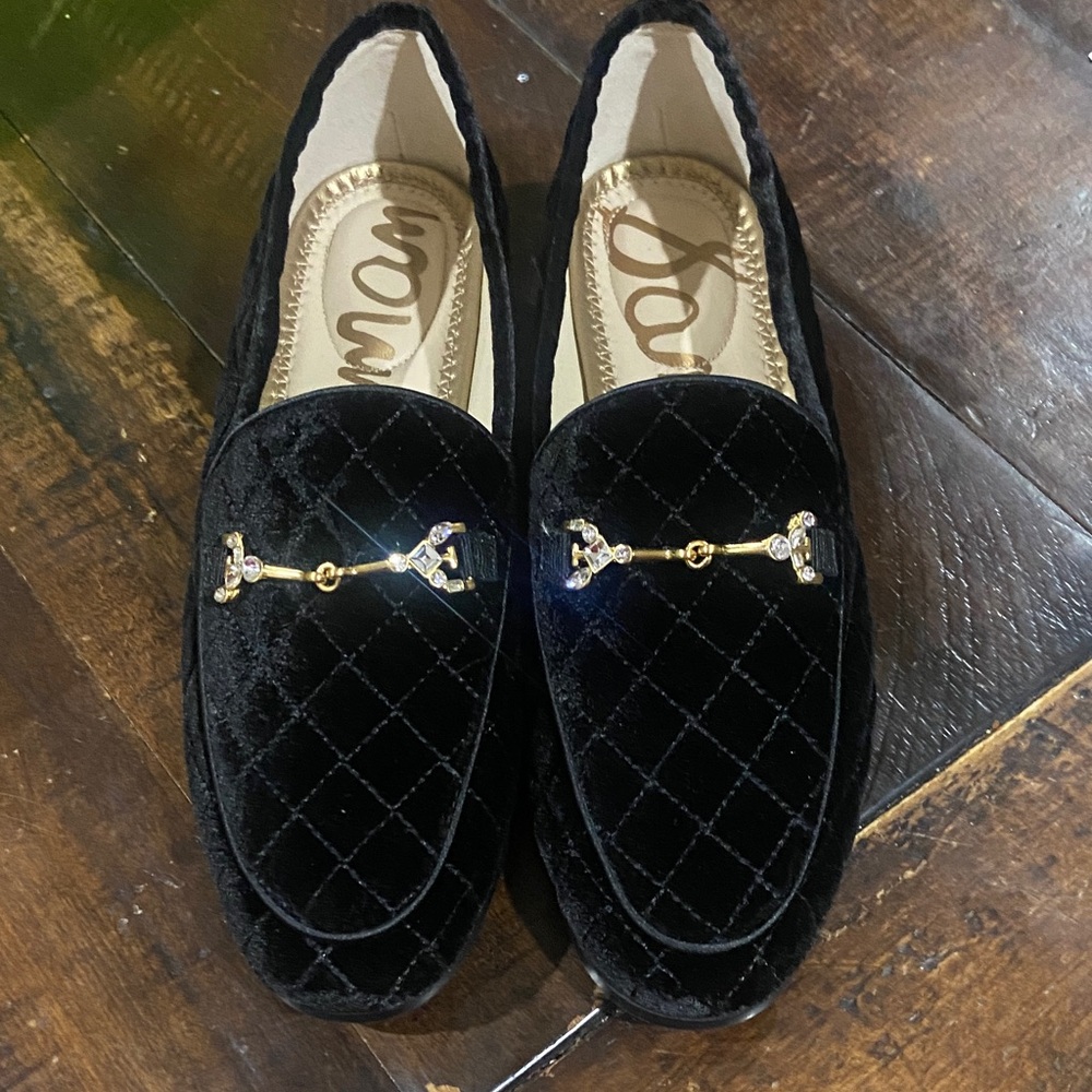 Sam Edelman Quilted Black Velvet Loraine Regal Loafers with Gold Detail